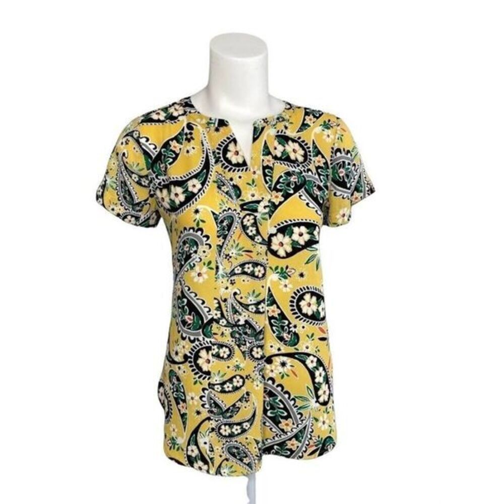 VAN HEUSEN Yellow Floral Paisley Split Neck Blouse Top XS NEW